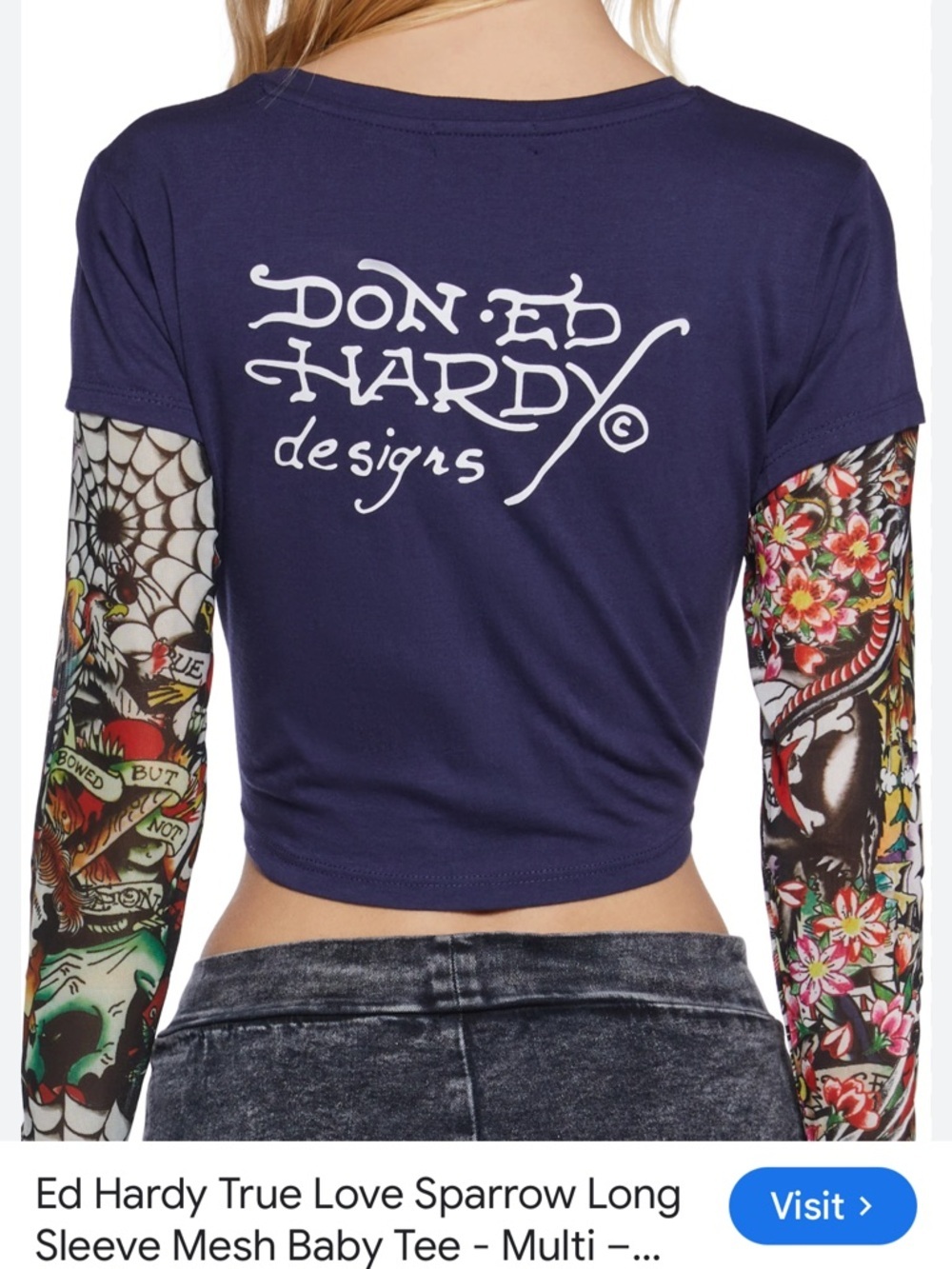 Ed Hardy Y2K Tattoo Graphic Long Sleeve Tee Navy Women's Large NWT - Picture 8 of 10